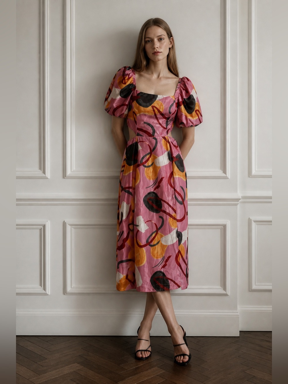 Anthropologie Aureta Pink Abstract Puff-Sleeve Midi Dress.sz S‎